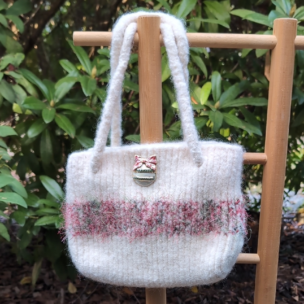 Vintage Handmade One Of A Kind Felted Wool Plushy Purse W/ Ornaments Button Y2K
